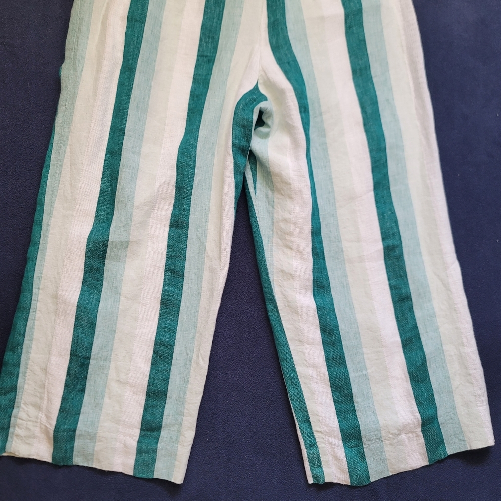 J.CREW Paper Bag Linen Pant In Cabana Stripe Women's Size10 Turquoise Jade White - Picture 7 of 16